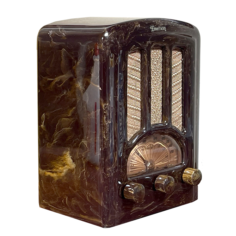 EMERSON AU190 'Tombstone' Catalin Radio- Brown with Cream Swirls