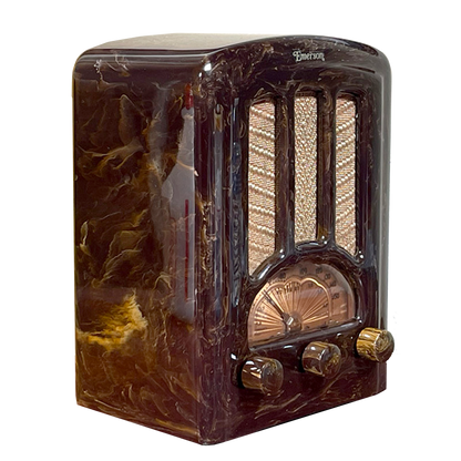 EMERSON AU190 'Tombstone' Catalin Radio- Brown with Cream Swirls